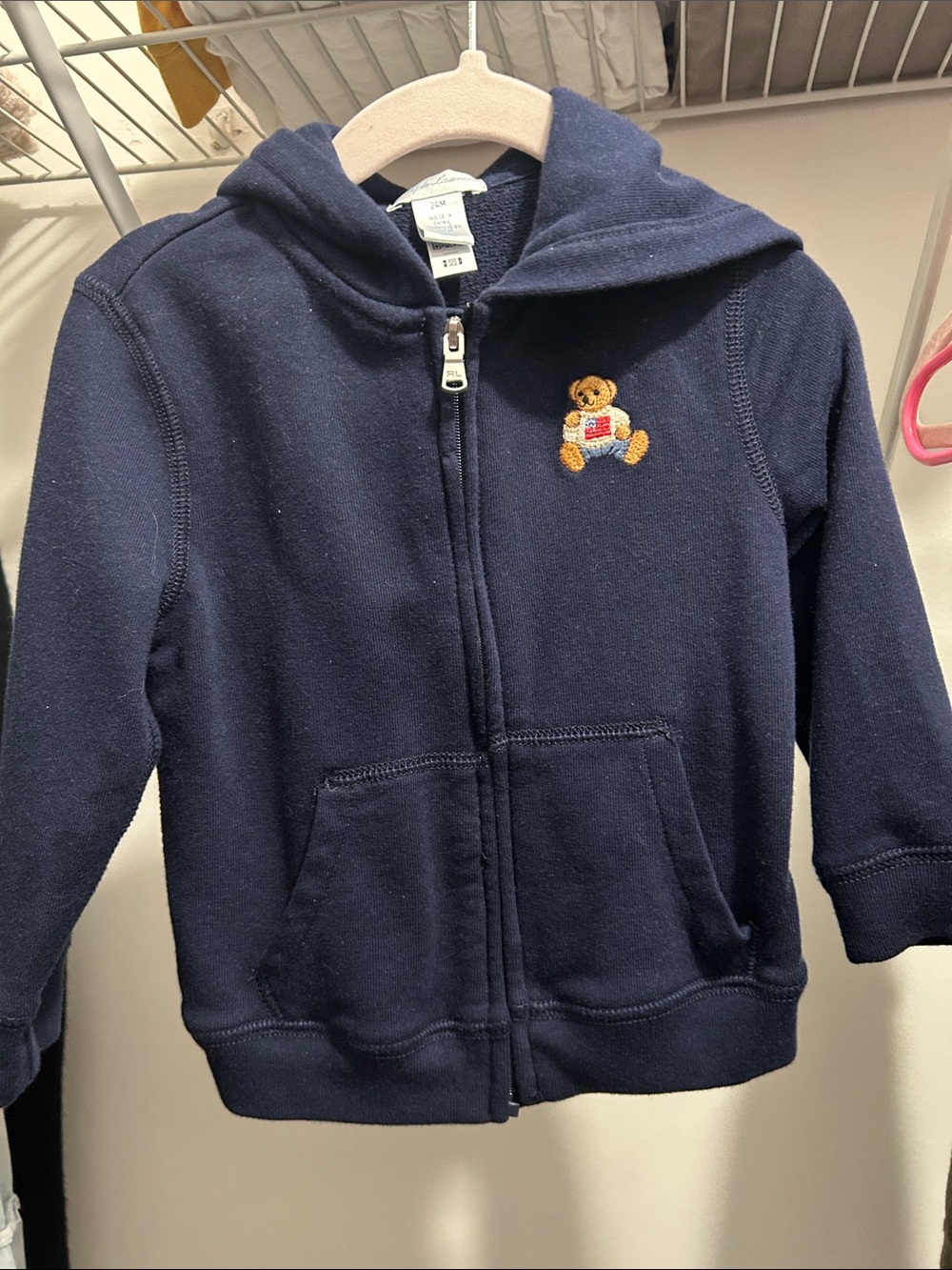 Ralph Lauren Navy Zip-Up Hoodie with Embroidered Teddy Bear